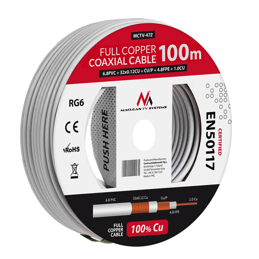 Maclean MCTV-470/1/2 Coaxial Cable Full Copper RG6 25/50/100M 1.02CU + 4.8FPE + CU/P + 32*0.12CU + 6.8PVC